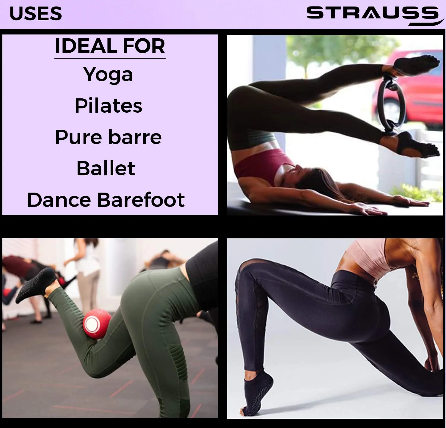 STRAUSS Women Yoga Socks | Anti Bacterial and Anti-Skid Yoga Socks | Suitable for Daily Use | Ideal for Pilates, Pure Barre, Ballet, Dance and Barefoot Workout,(Dark Purple)