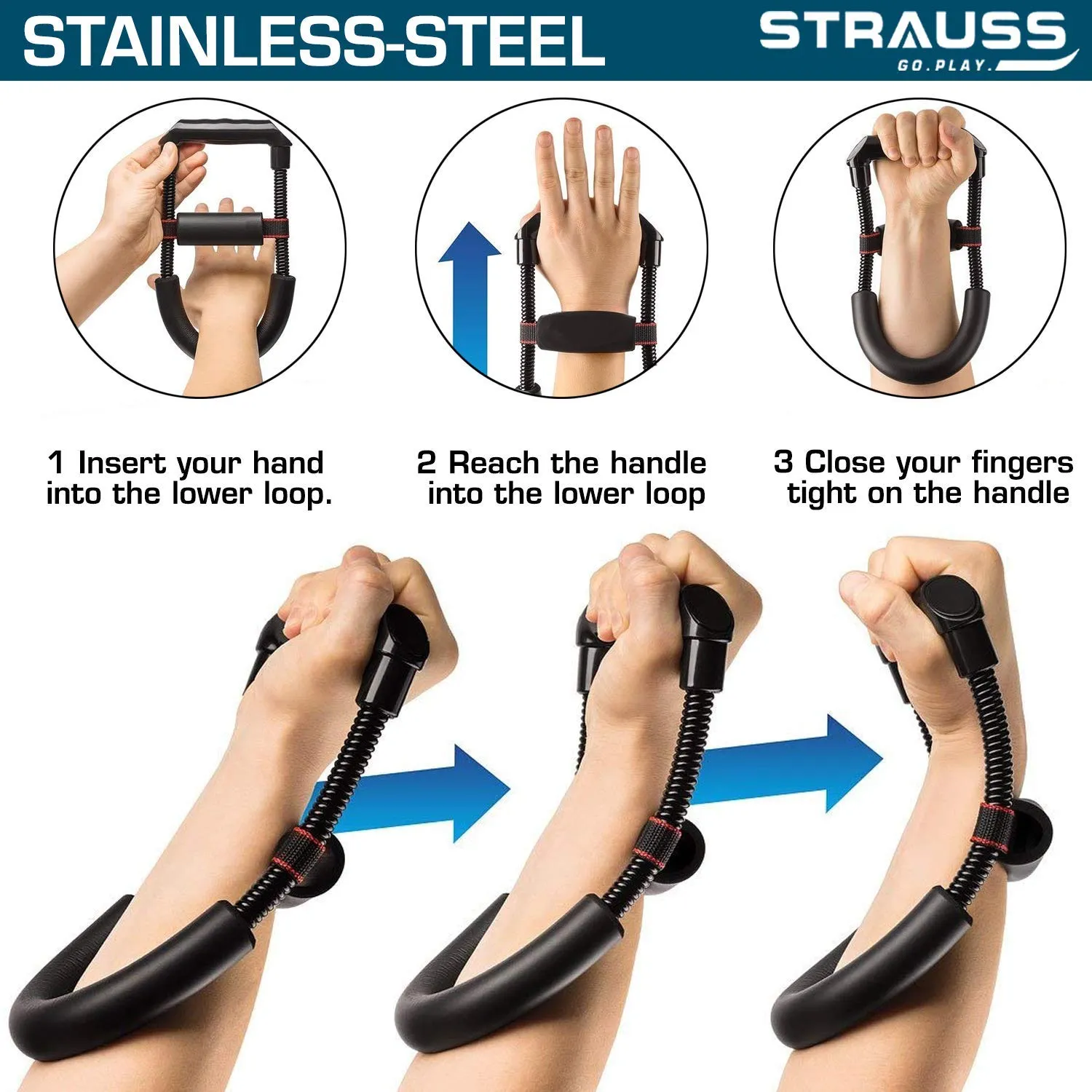 Strauss Wrist Exerciser, Black and Adjustable Finger Hand Grip, Black