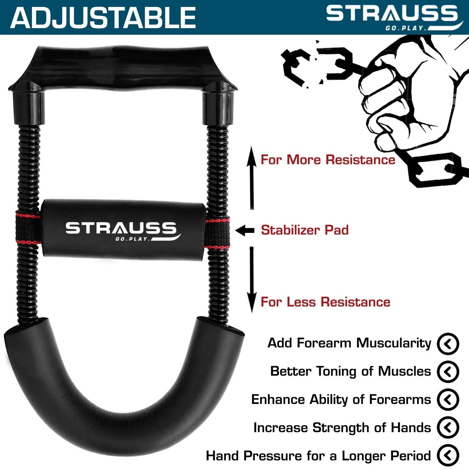 Strauss Wrist Exerciser, Black and Adjustable Finger Hand Grip, Black