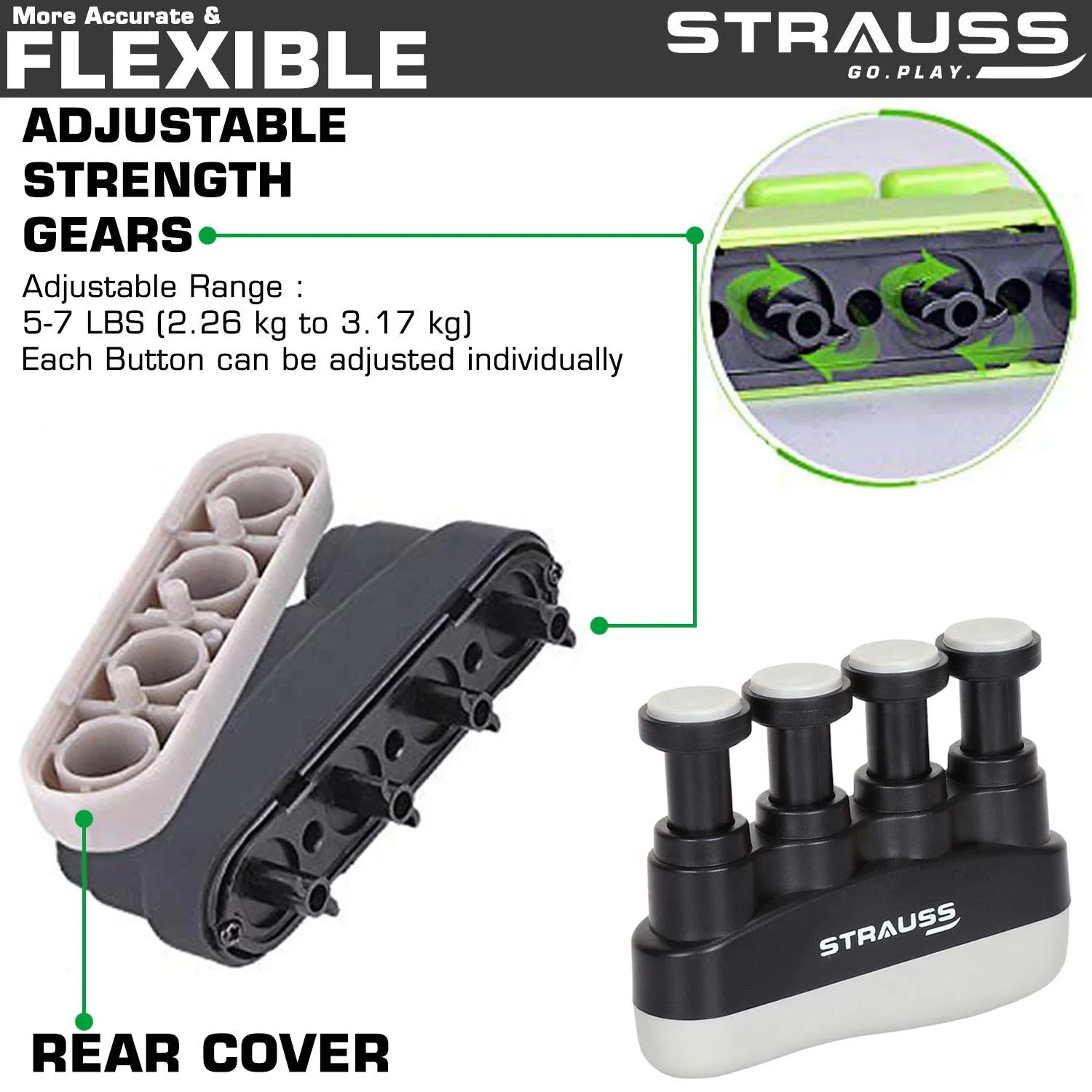 Strauss Wrist Exerciser, Black and Adjustable Finger Hand Grip, Black