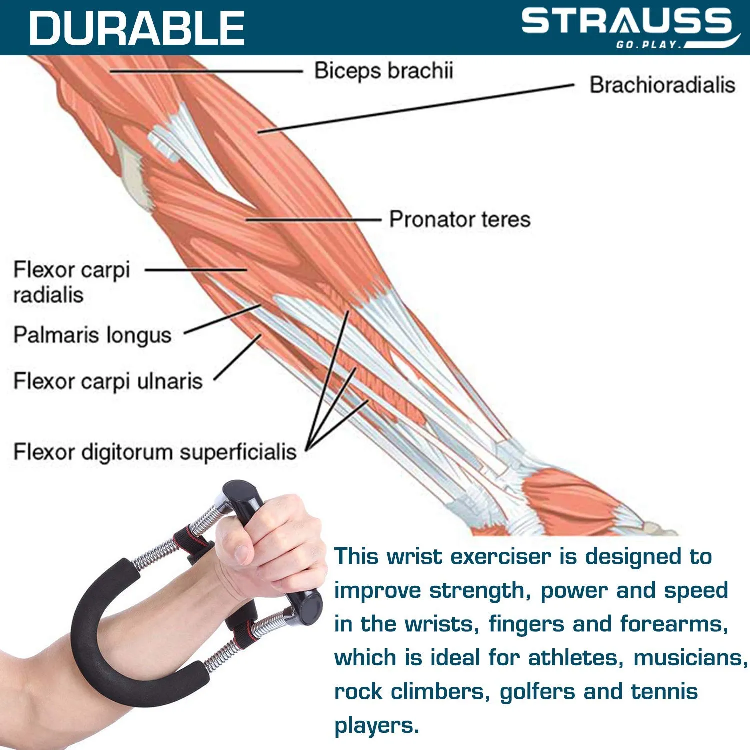 Strauss Wrist Exerciser, Black and Adjustable Finger Hand Grip, Black