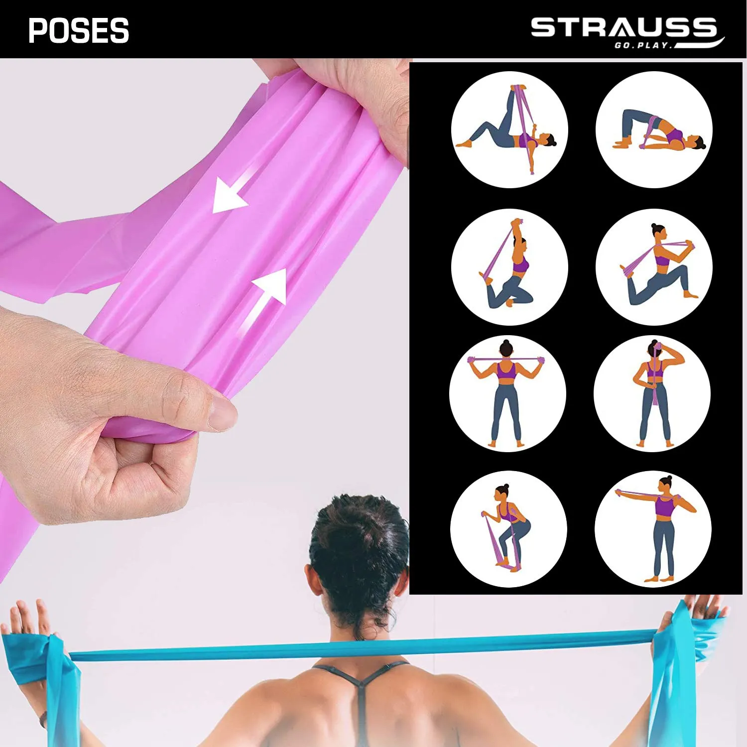 Strauss Yoga Resistance Band, (Multicolor) (Pack of 3) with Latex Band