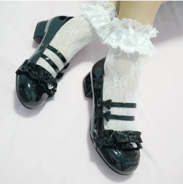 Uniwim japanese lace ruffle double row bowknot kawaii shoes round head thick heel cosplay women shoes loli Original sweet lolita shoes