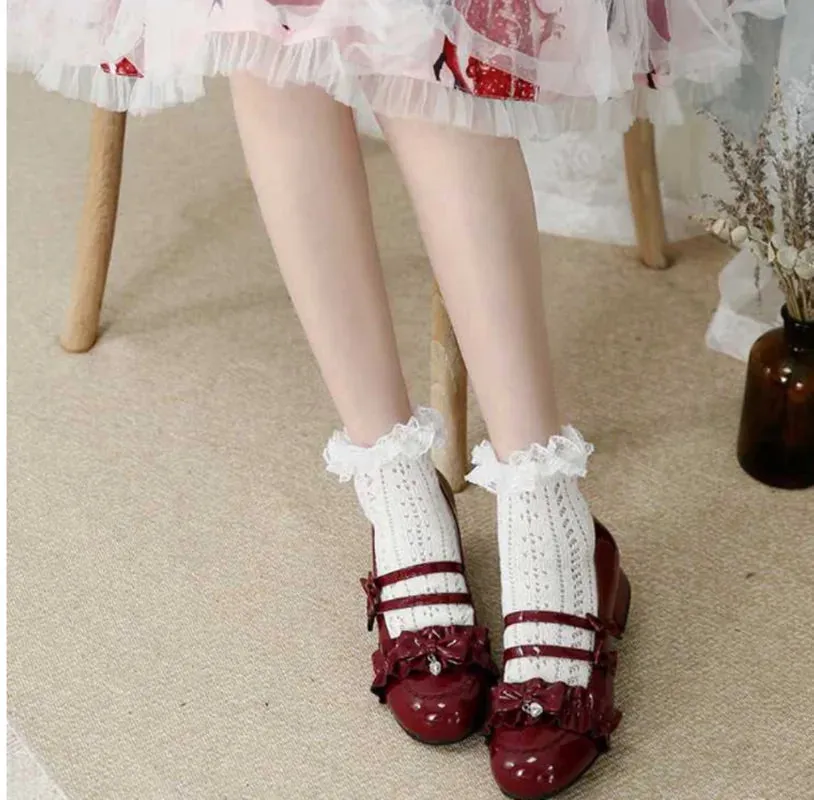 Uniwim japanese lace ruffle double row bowknot kawaii shoes round head thick heel cosplay women shoes loli Original sweet lolita shoes