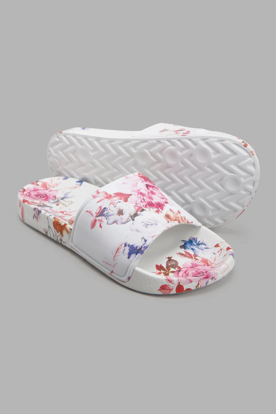 White Floral Print Slide For Women