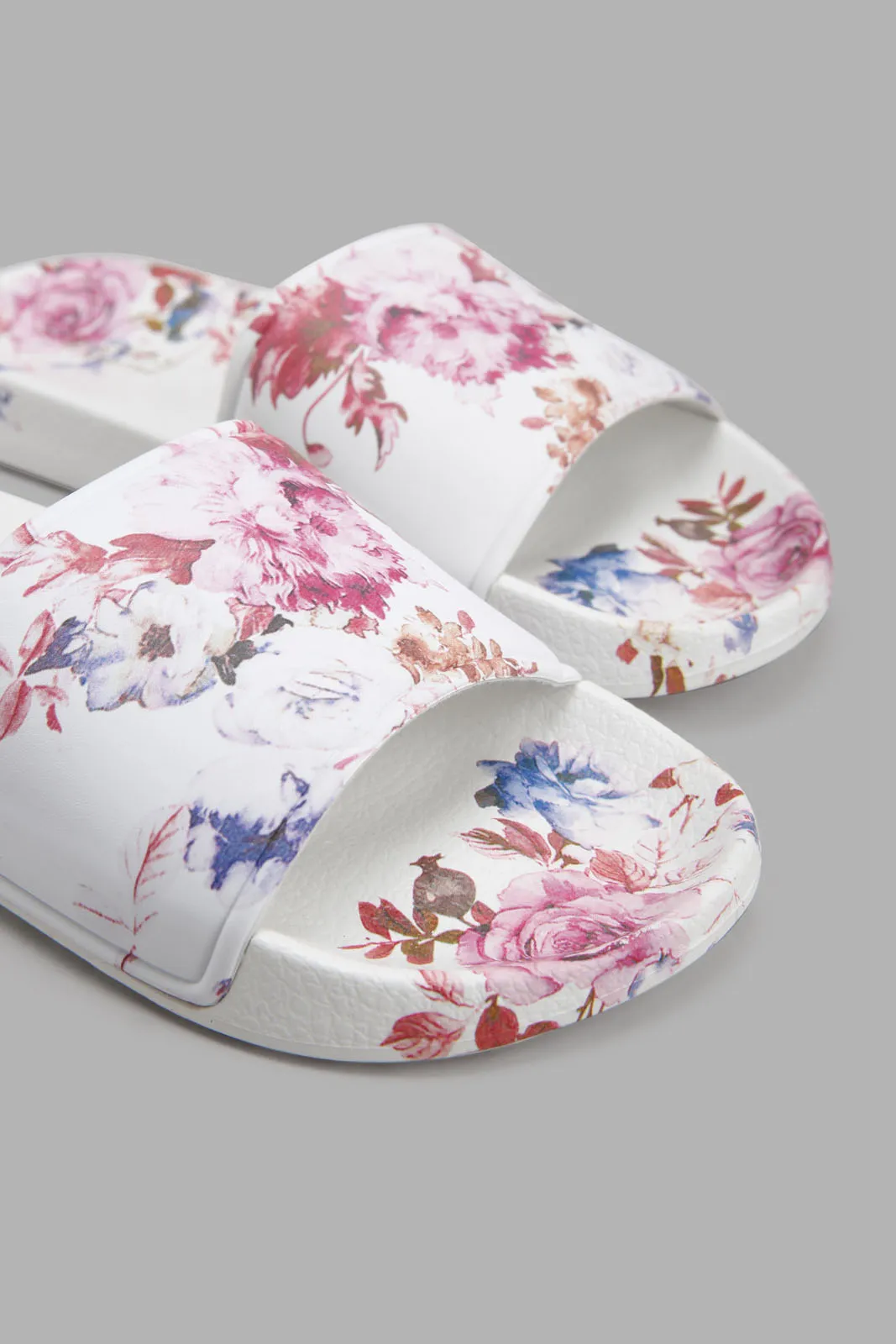 White Floral Print Slide For Women