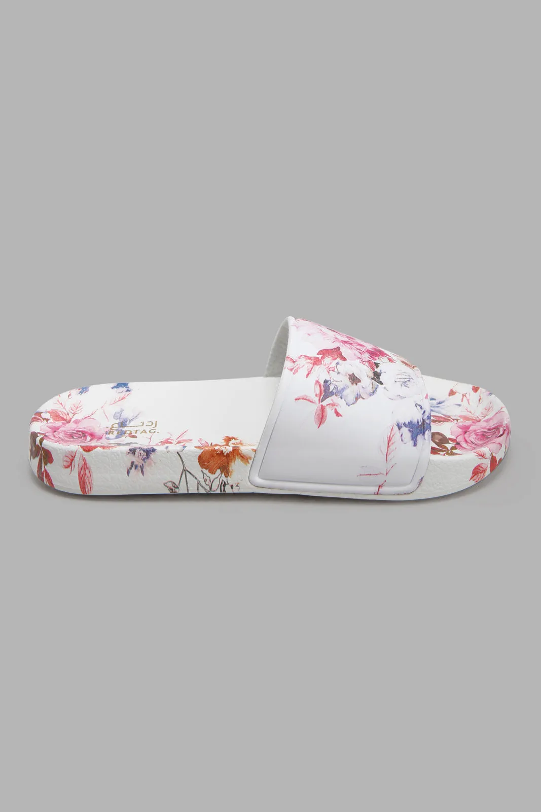 White Floral Print Slide For Women