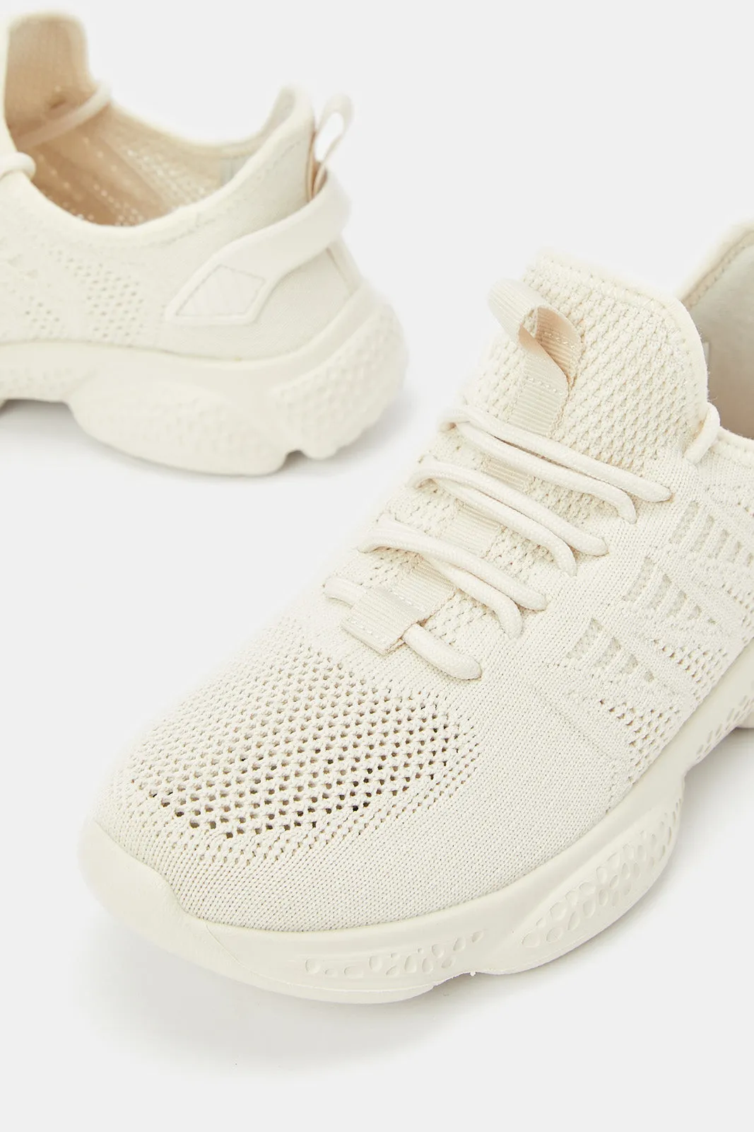 Women Beige Fly Knit Lace Up