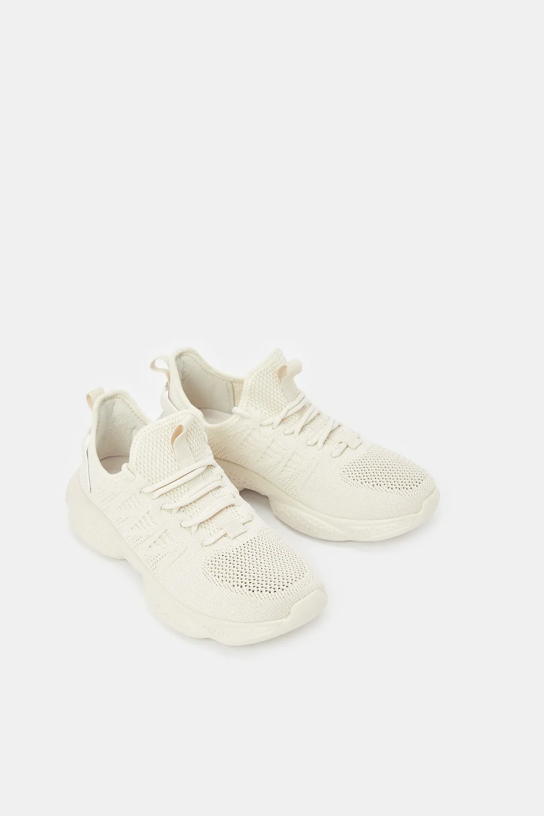 Women Beige Fly Knit Lace Up